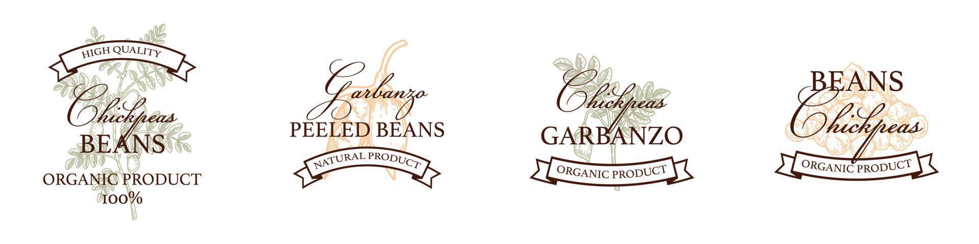 Set of hand drawn vintage chickpeas logo templates. Vector illustration in sketch stile. Botany design isolated on white