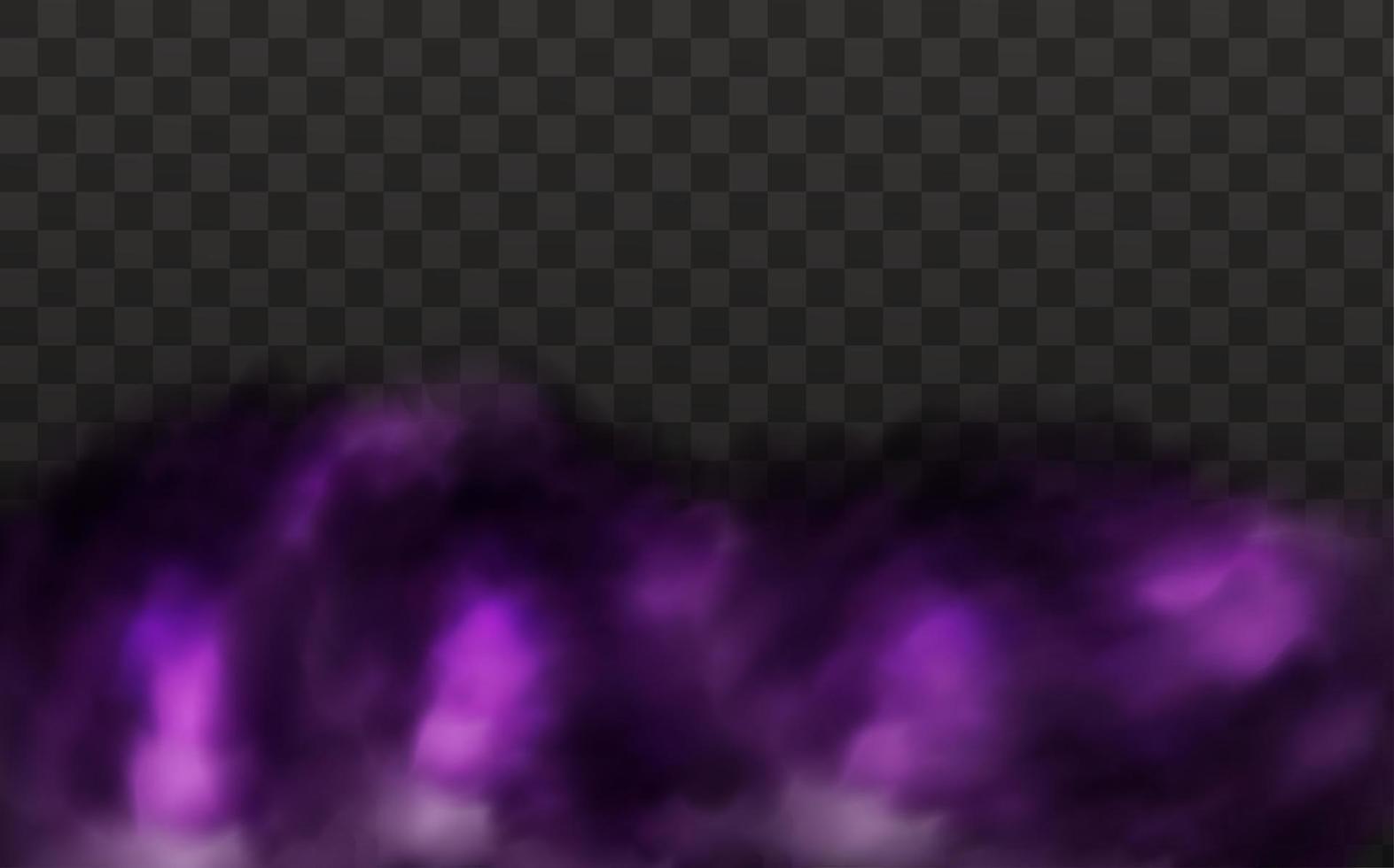 nubes místicas de miedo realistas niebla en la noche de halloween. púrpura fluye gas venenoso, polvo y humo efecto. ilustración vectorial. vector