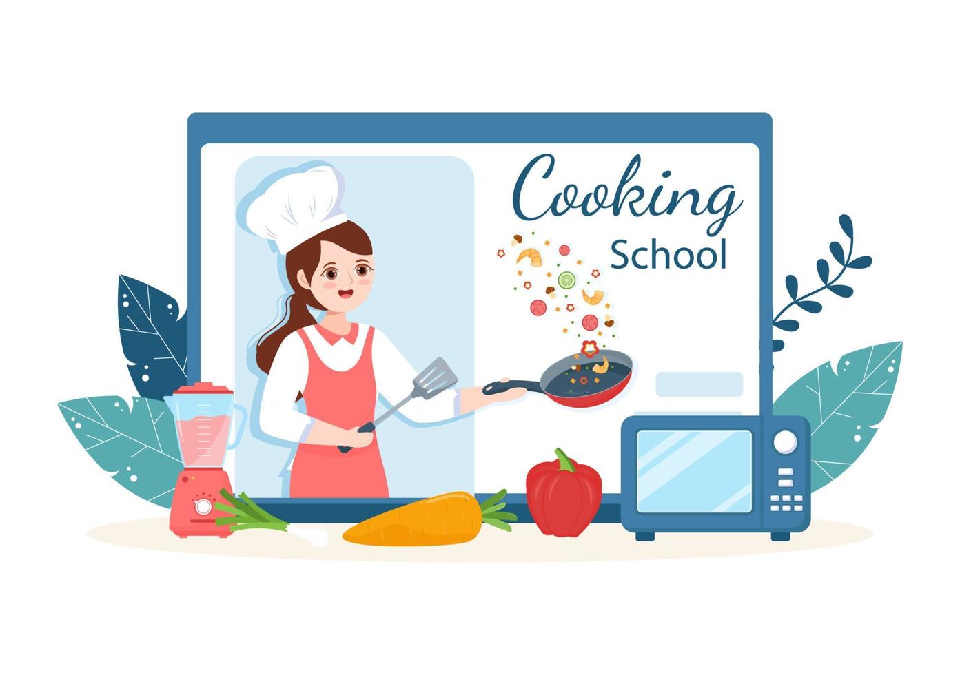 transmisión en vivo de cocina en línea con el chef en clase aprende a cocinar comida casera y una variedad de platos en dibujos animados planos dibujados a mano ilustración de plantilla vector