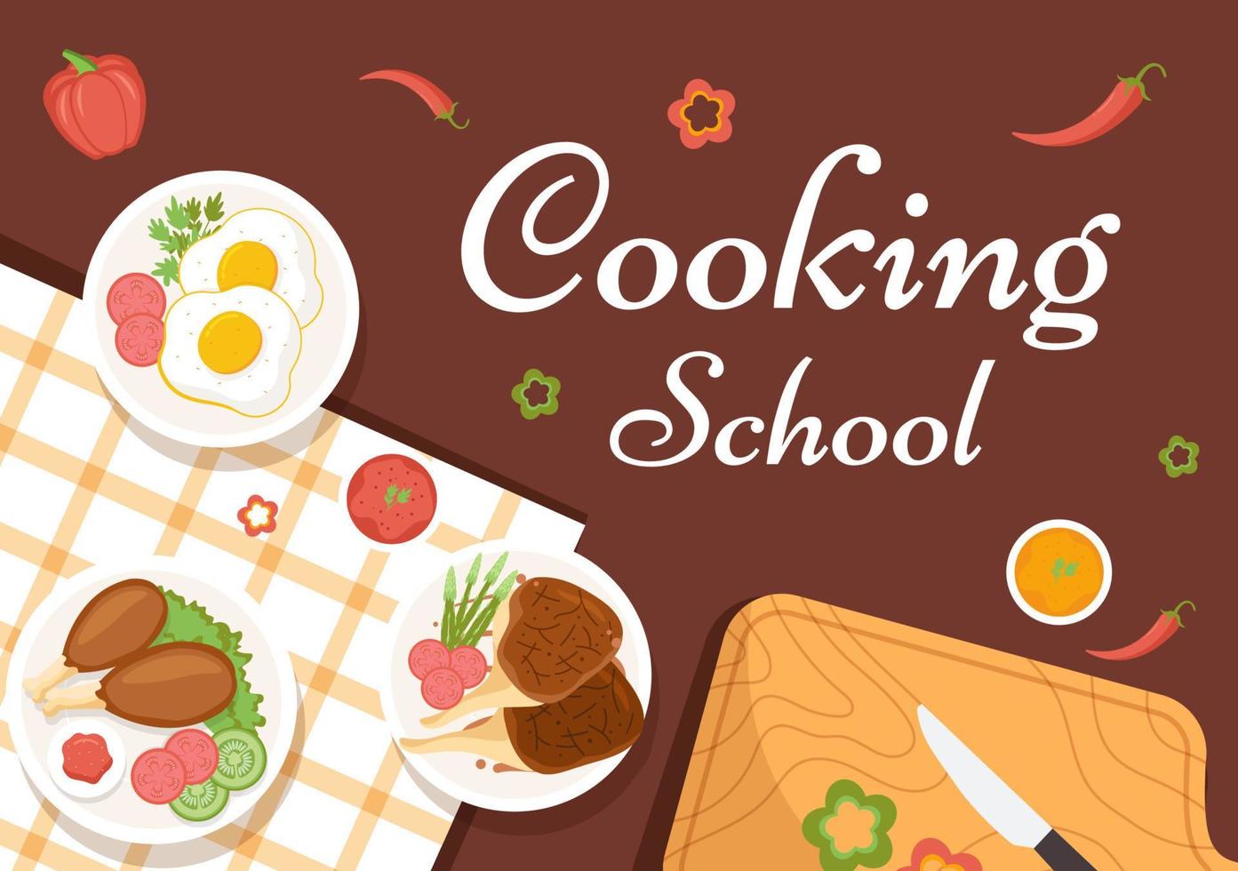 escuela de cocina para aprender a cocinar comida casera y una variedad de platos deliciosos en una clase aprendiendo sobre dibujos animados planos dibujados a mano ilustración de plantillas vector