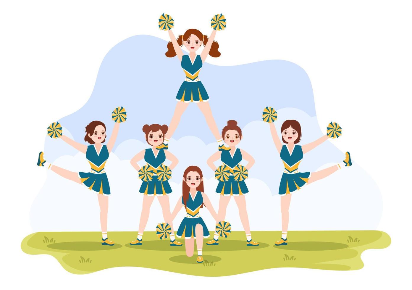 chica animadora con pompones de baile y saltos para apoyar el deporte de equipo durante la competencia en la ilustración de plantillas dibujadas a mano de dibujos animados planos vector