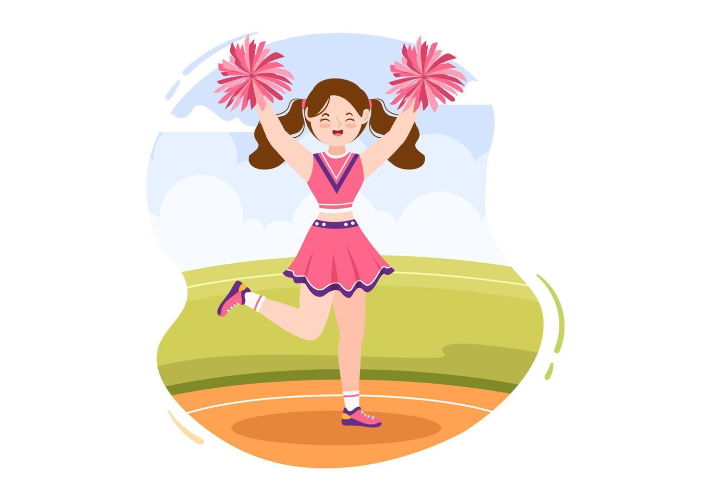 chica animadora con pompones de baile y saltos para apoyar el deporte de equipo durante la competencia en la ilustración de plantillas dibujadas a mano de dibujos animados planos vector