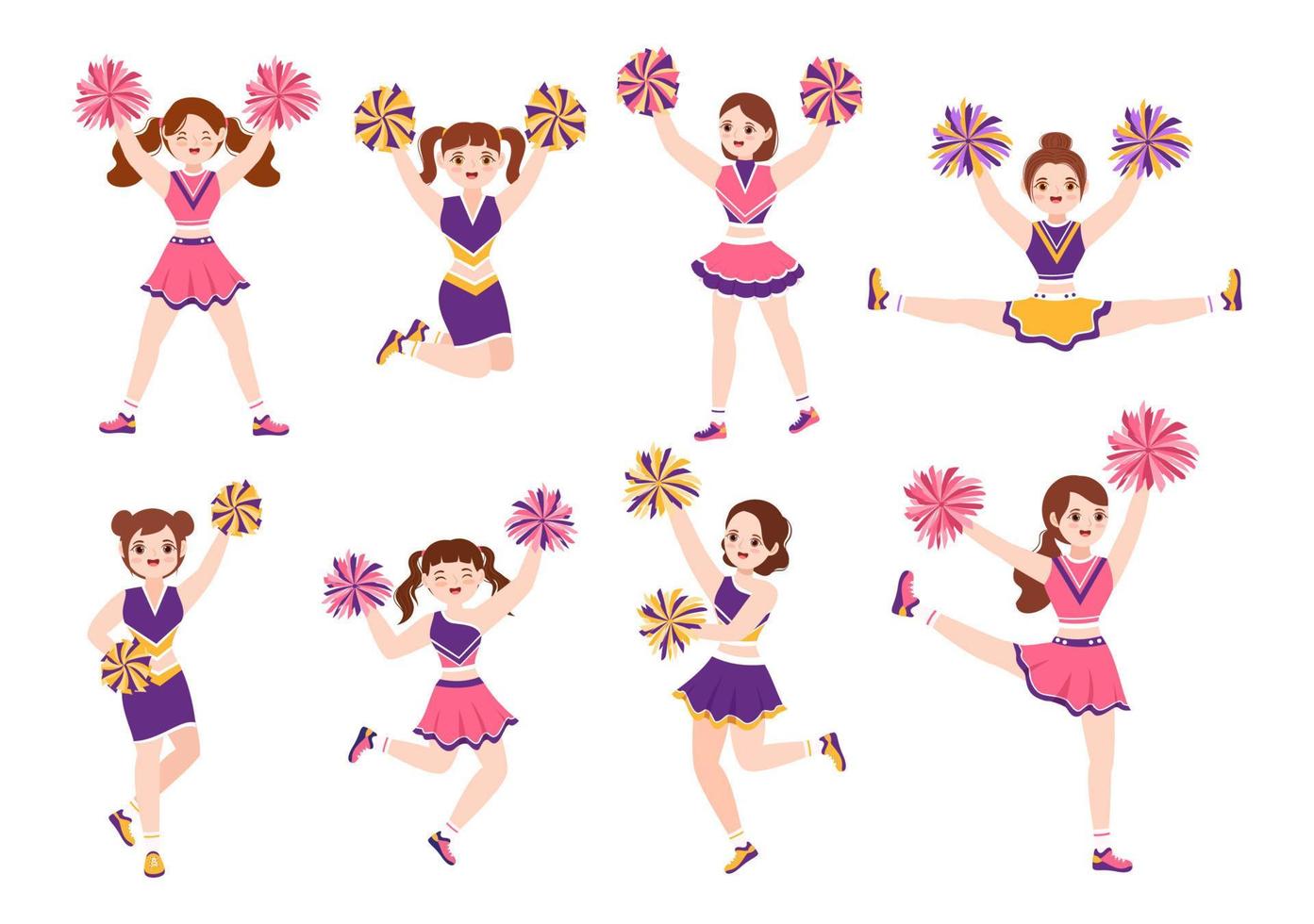 chica animadora con pompones de baile y saltos para apoyar el deporte de equipo durante la competencia en la ilustración de plantillas dibujadas a mano de dibujos animados planos vector