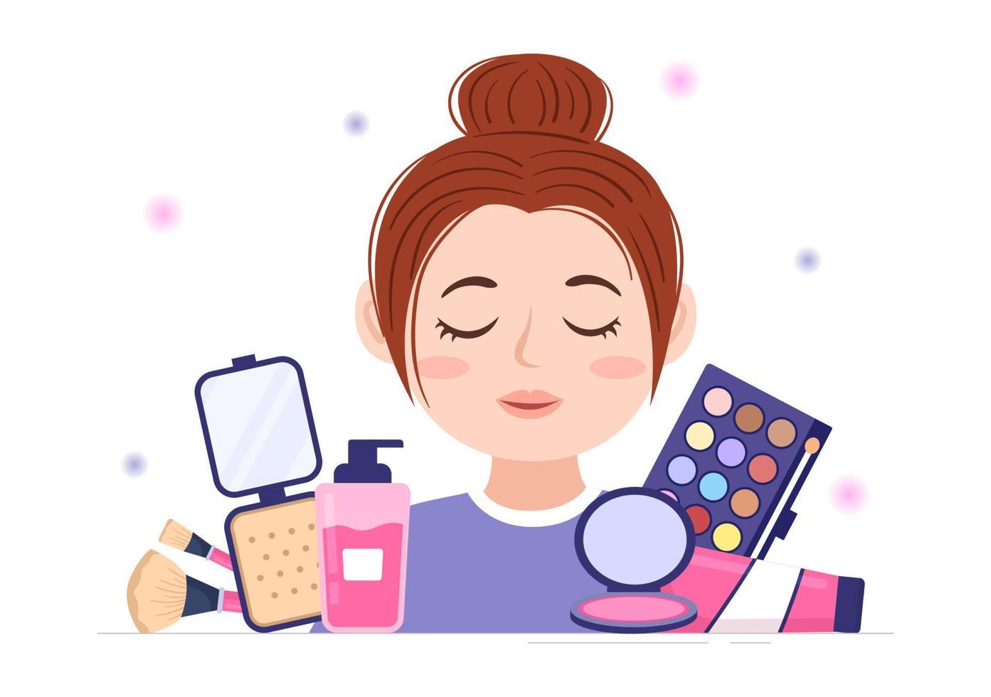 escuela de belleza y maquillaje con productos cosméticos para estudiar y hermosas chicas aplicando maquillaje en dibujos animados planos dibujados a mano ilustración de plantillas vector