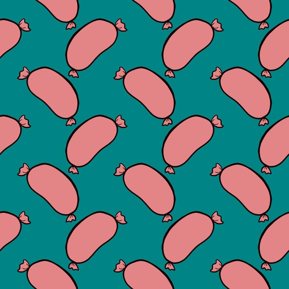Pink sausage, seamless pattern on dark green background. vector