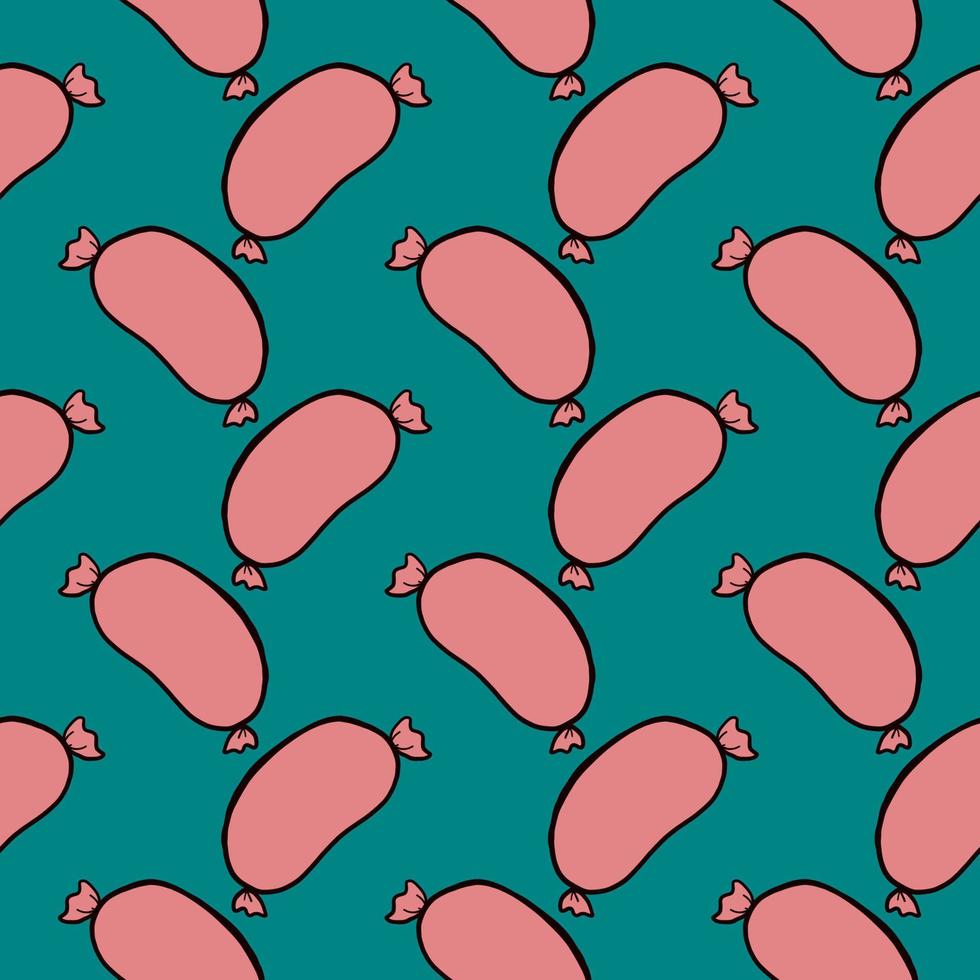 Pink sausage, seamless pattern on dark green background. vector