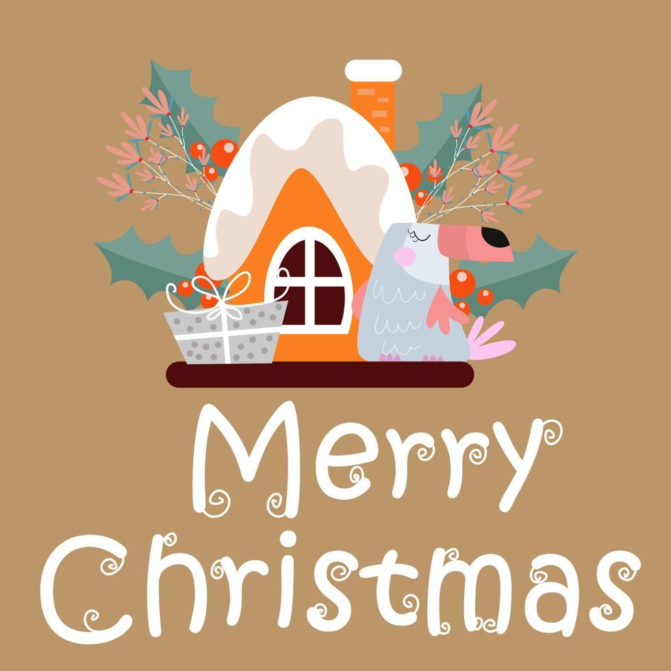 Merry christmas and new year card with cute characters on brown background vector