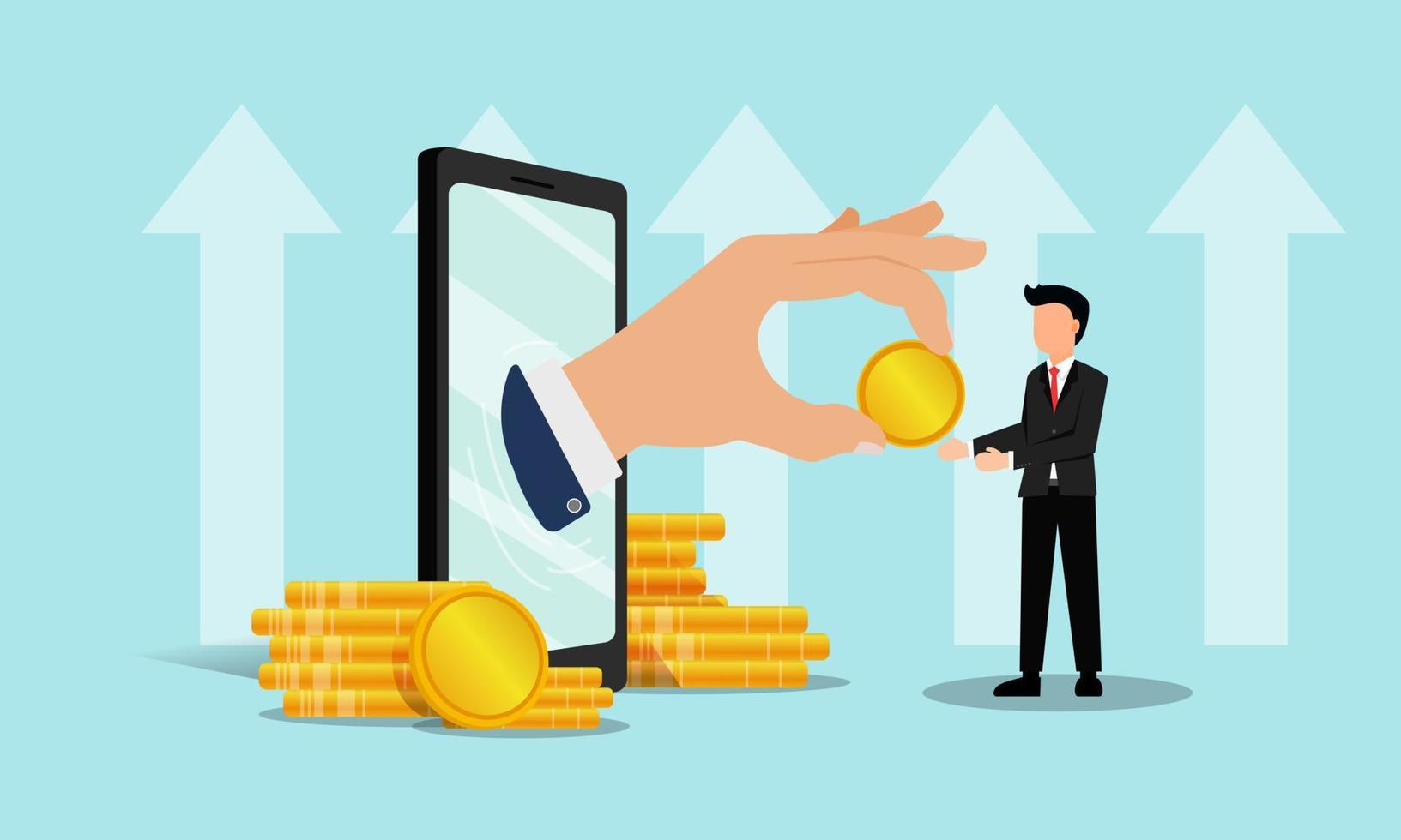 Business people take money from business people's hands through mobile The concept of depositing, withdrawing, transferring, or shopping online through smartphones is a comfortable technology. vector