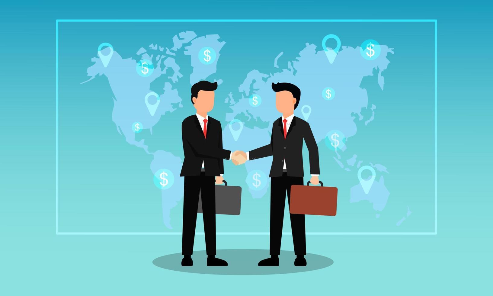 Businessman shaking hands with another businessman The background is a world map. The concept of cooperating business as a joint partner and expanding the business to grow around the world. vector