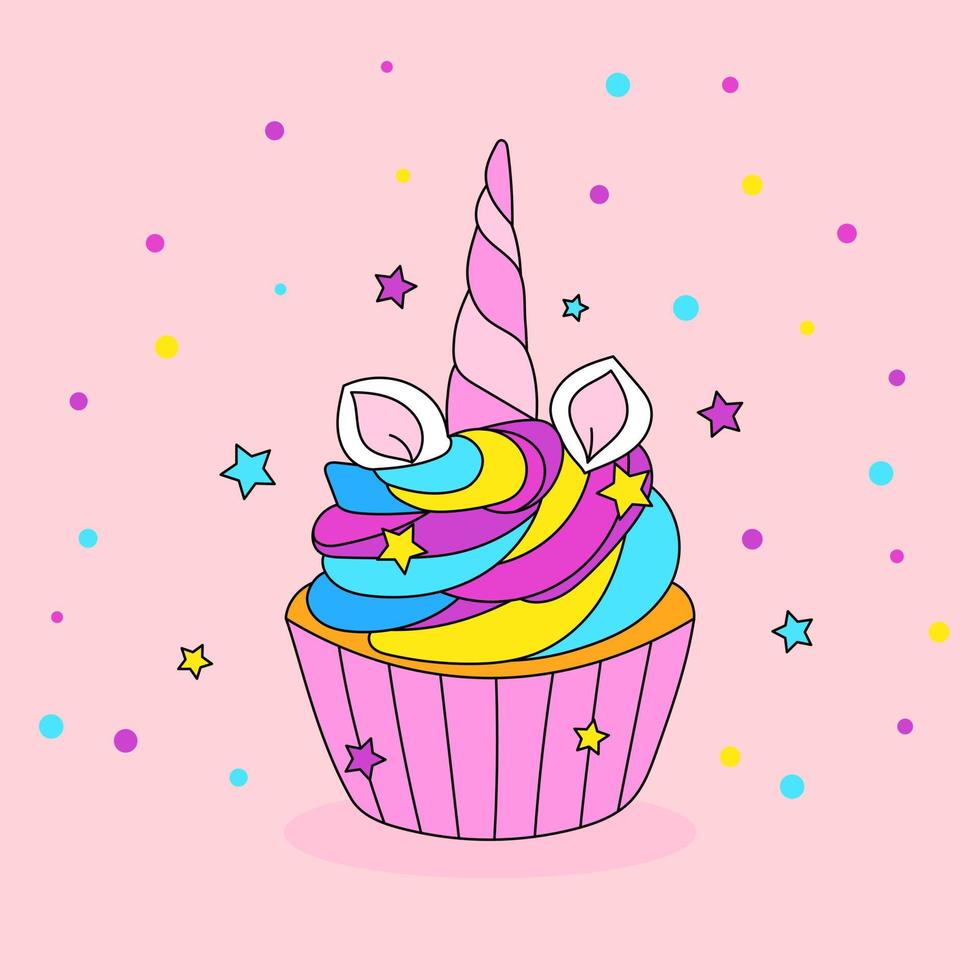 Unicorn cupcake design. Happy birthday card for a child. Festive girls banner design. Vector illustration