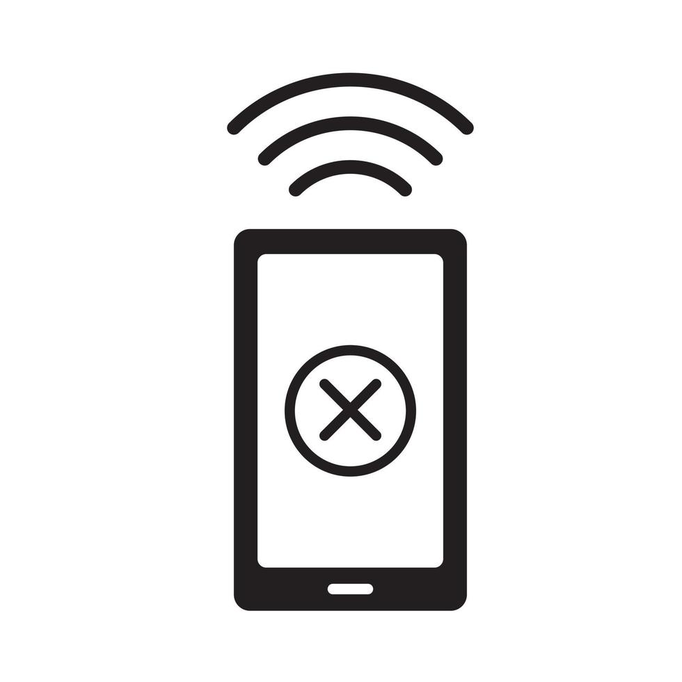 Flat icon of no cellular connection or internet signal on smart phone or mobile phone for apps and websites. Vector illustration isolated on white background