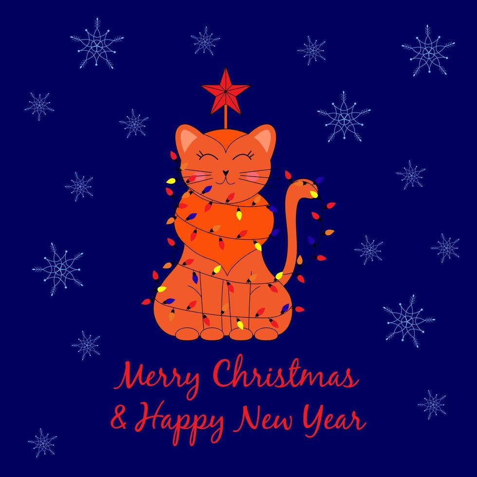 Cute Christmas card. Cat in a garland. Snowflakes. Merry Christmas and Happy New Year. Happy New Year of the cat or hare. Vector illustration