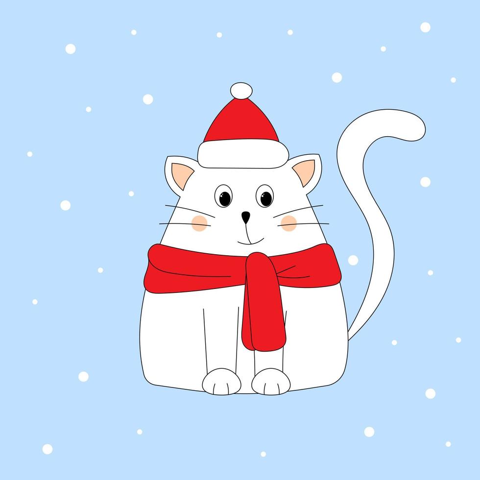 Cute cat in winter clothes on a snowy background. Vector illustration