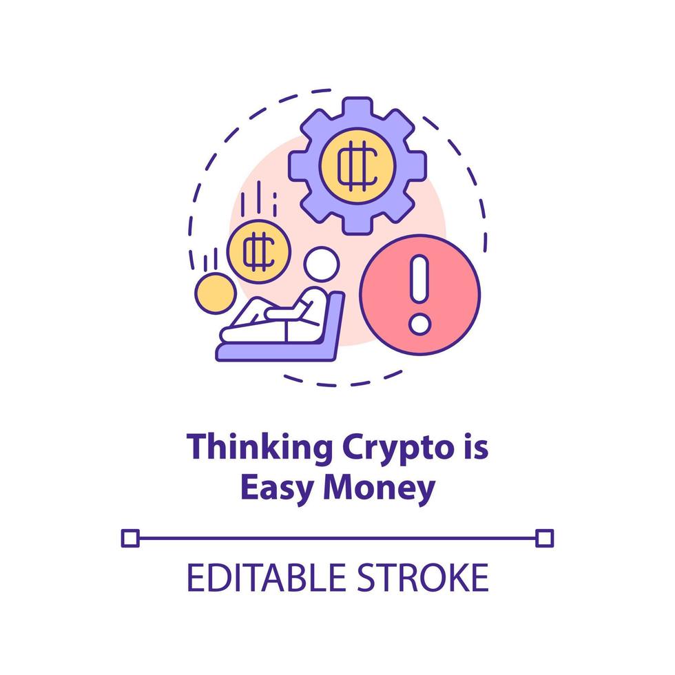 pensar que crypto es un icono de concepto de dinero fácil. error común de blockchain idea abstracta ilustración de línea delgada. dibujo de contorno aislado. trazo editable. vector