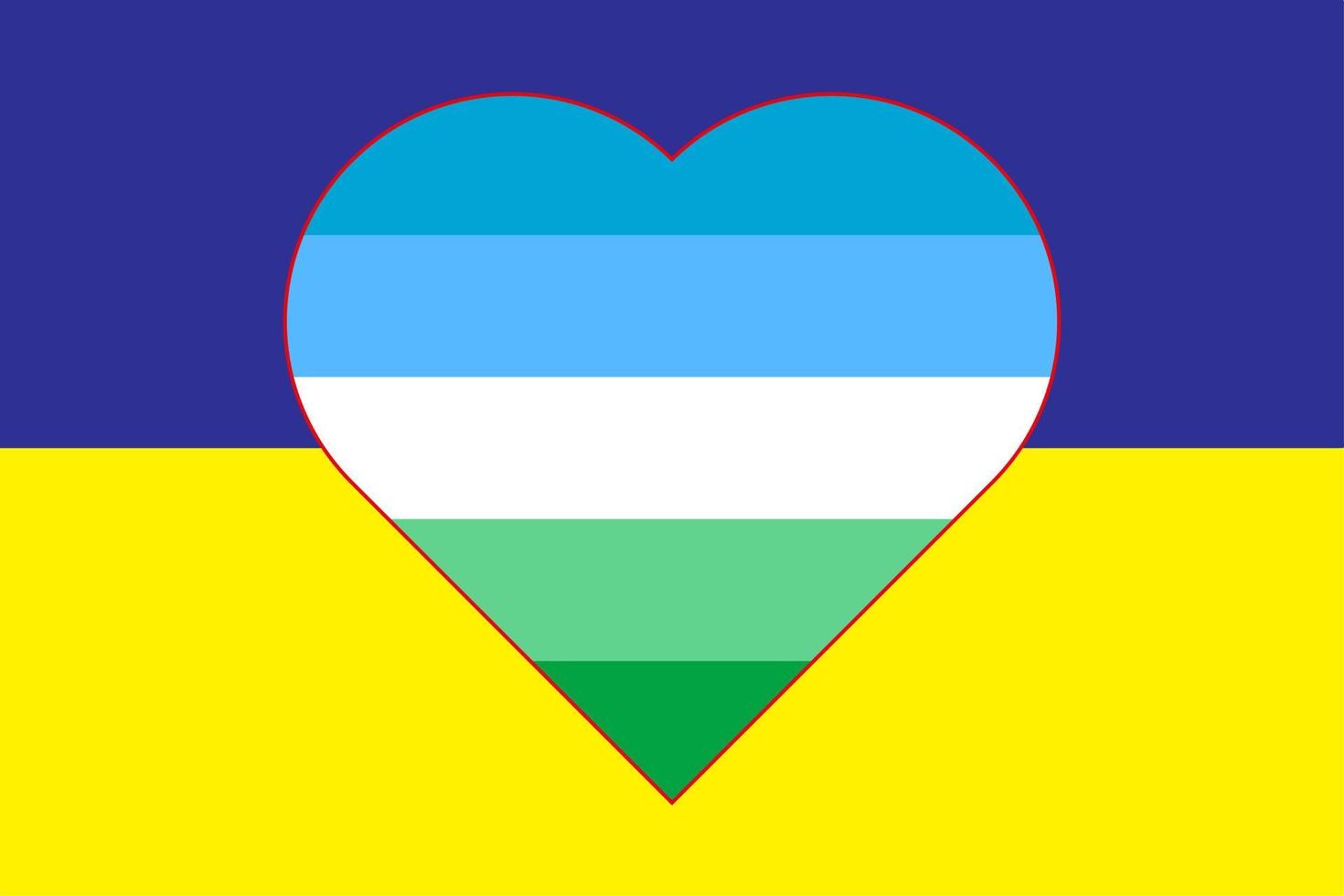 Vector illustration of the yellow-blue flag of Ukraine in the form of a heart on the gay-lesbian Flag of gay pride. Support for Ukraine.