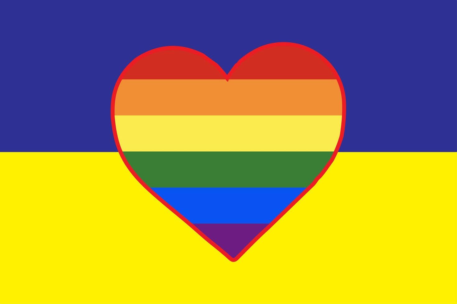 un corazón pintado con los colores de la bandera de ucrania en la bandera de la comunidad lgbt. ilustración vectorial de un corazón azul-amarillo en un arco iris. vector