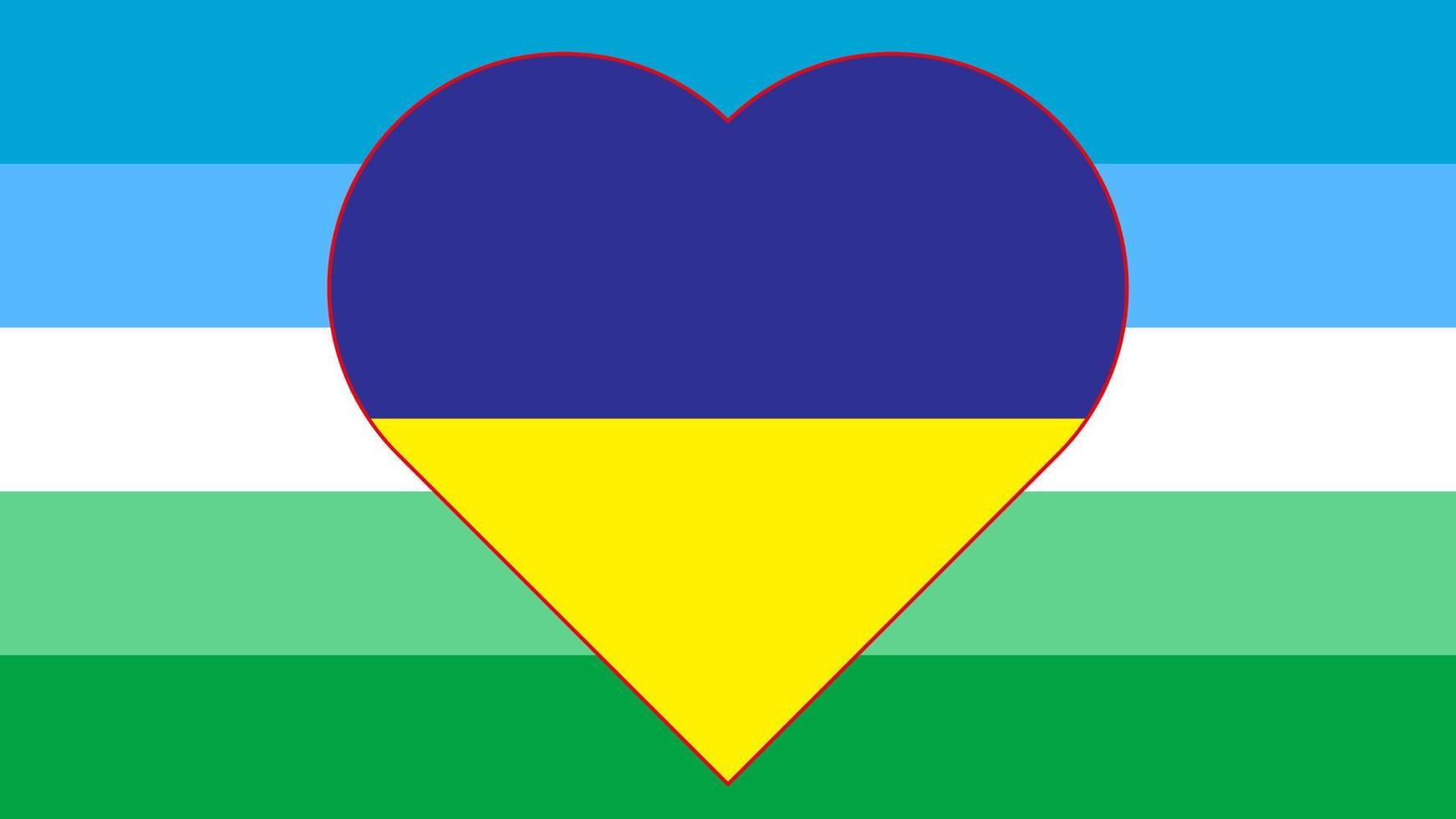 Vector illustration of the flag of the gay-lesbian Flag of gay pride in the form of a heart on the yellow-blue flag of Ukraine. Support for Ukraine.