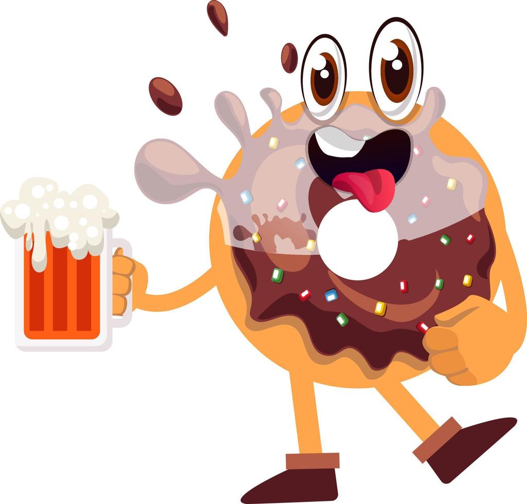 Donut con cerveza, ilustración, vector sobre fondo blanco.