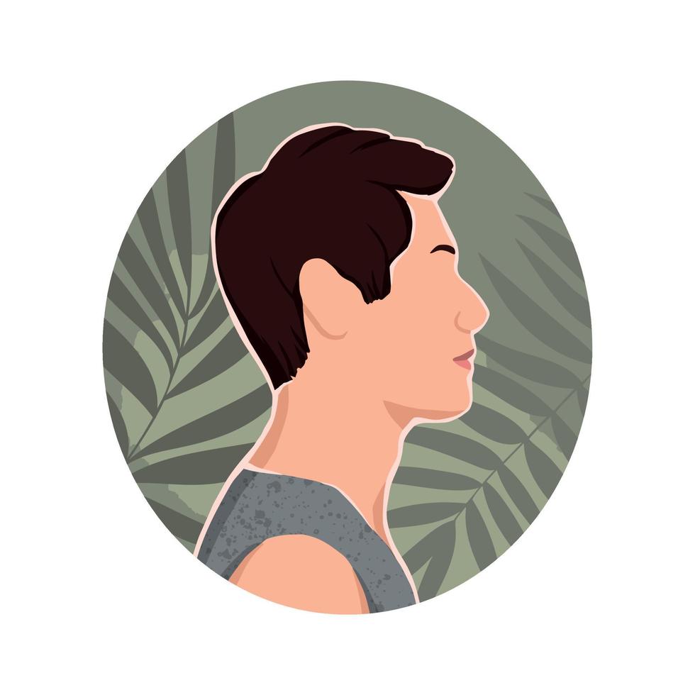 Icon with asian man and leaves. Hand drawn illustration for modern design. vector