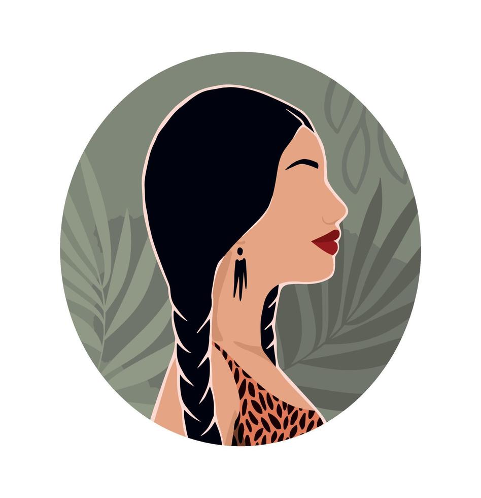 Icon with asian women and leaves. Hand drawn illustration for modern design. vector