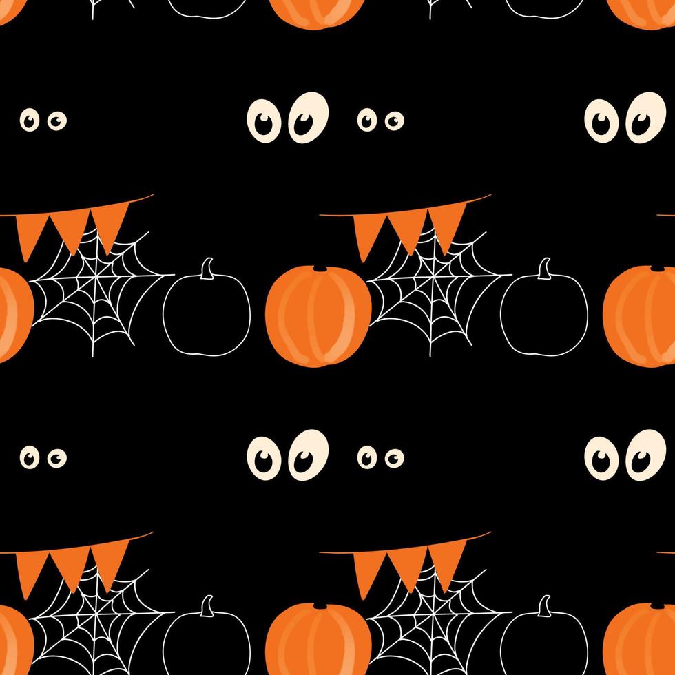 Halloween seamless pattern with pumpkin, cobweb and eyes illustration on black color background vector