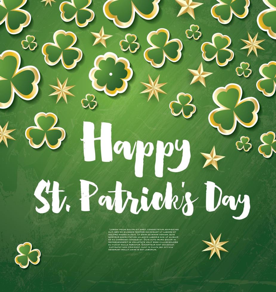 Saint Patrick's Day Background with Clover Leaves and Golden Stars. vector