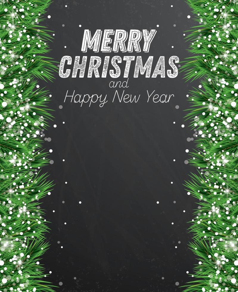Fir Branch with Snowflakes on Chalkboard Background. vector