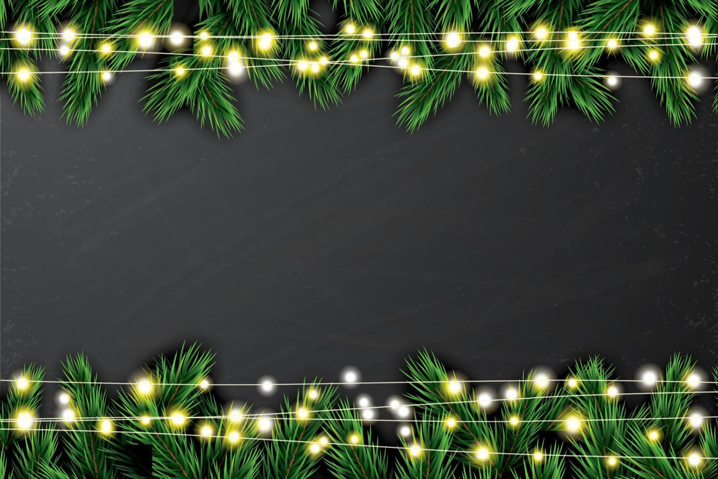 Fir Branch with Neon Lights on Chalkboard Background. vector