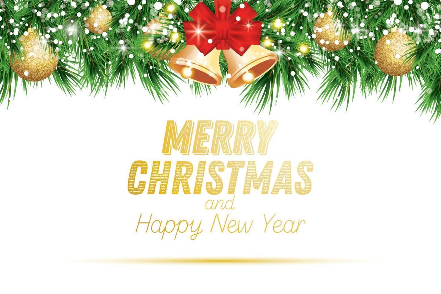 Fir Branch with Golden Christmas Balls, Snow and Bells Isolated on White Background. vector