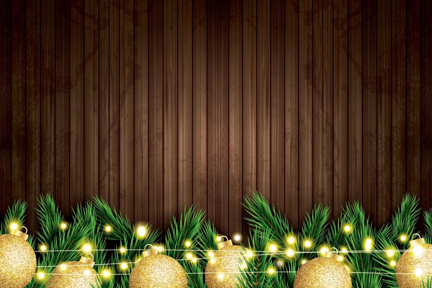 Fir Branch with Golden Christmas Balls and Neon String on Wooden Background. vector