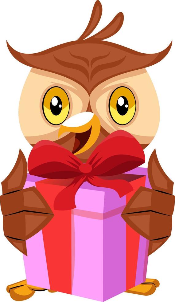 Owl holding gift, illustration, vector on white background.