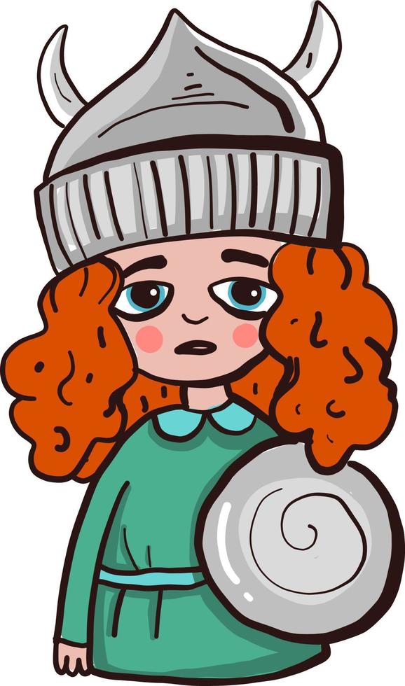 Triste chica vikinga, ilustración, vector sobre fondo blanco.