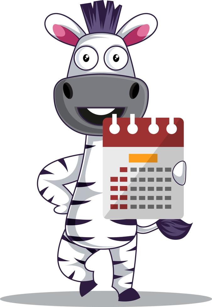 Zebra with calendar, illustration, vector on white background.