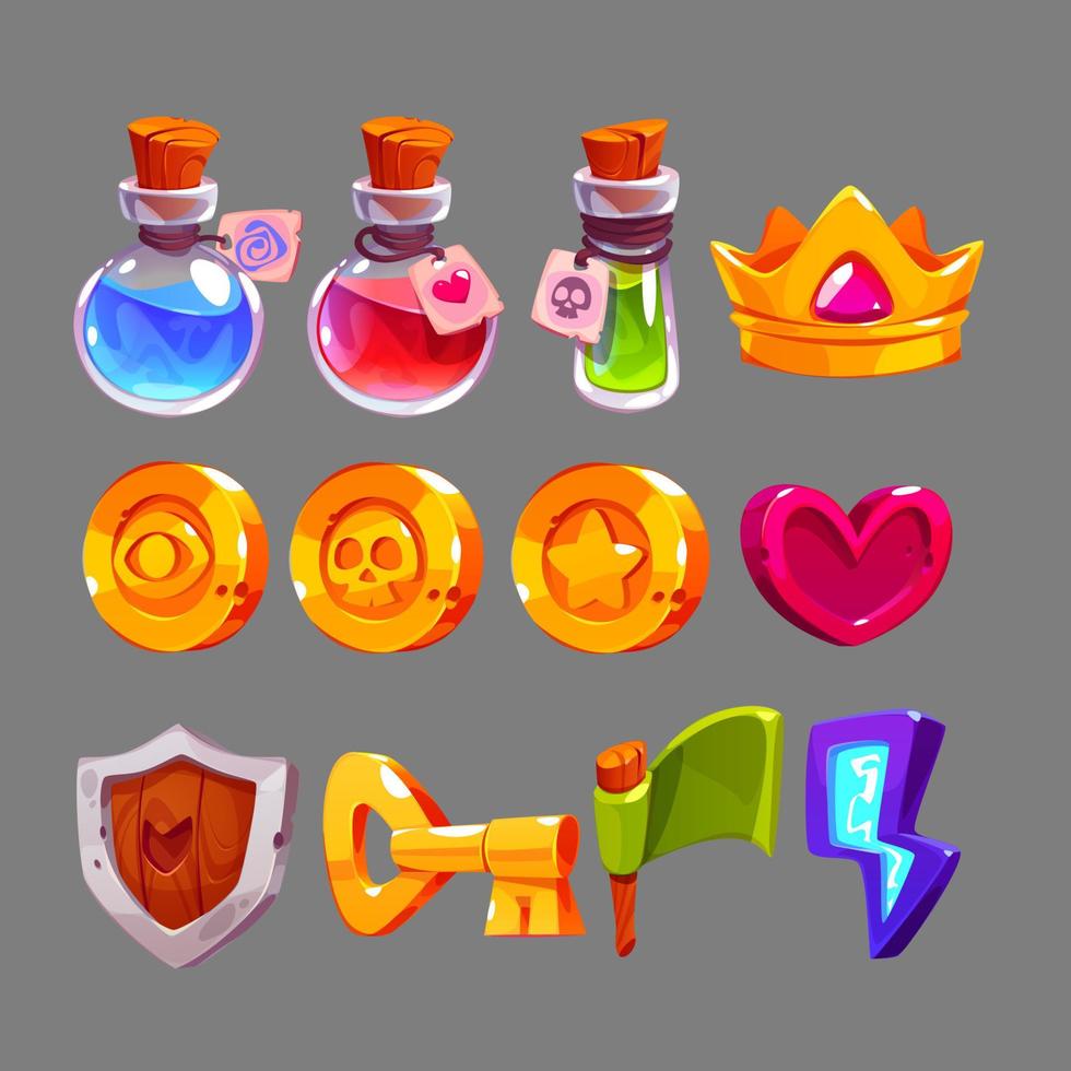 iconos de juego con pociones, corona de oro, corazón, monedas vector