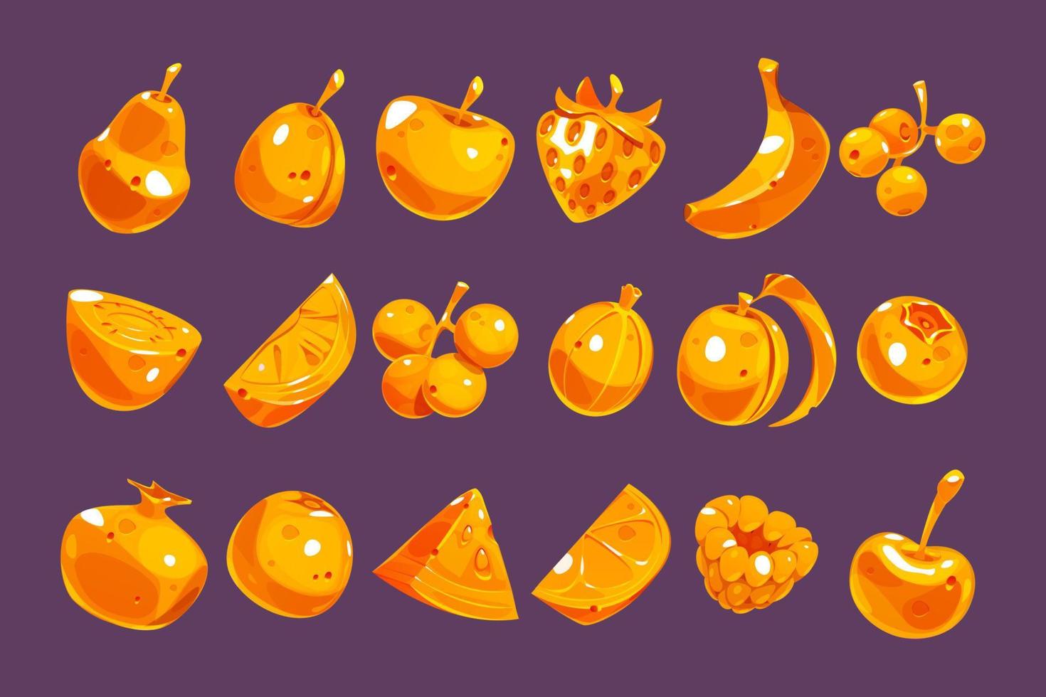 Gold fruit and berries icons for game interface vector