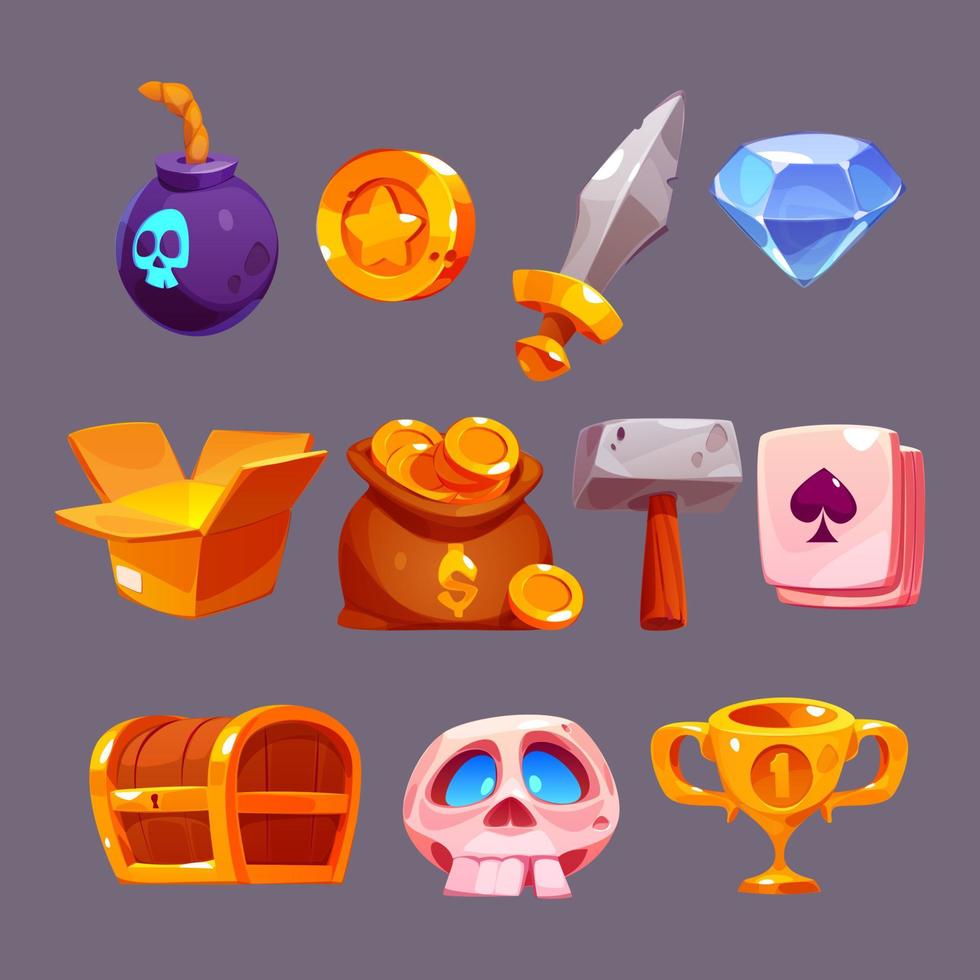 Game icons with bomb, sword, gold cup, skull, coin vector