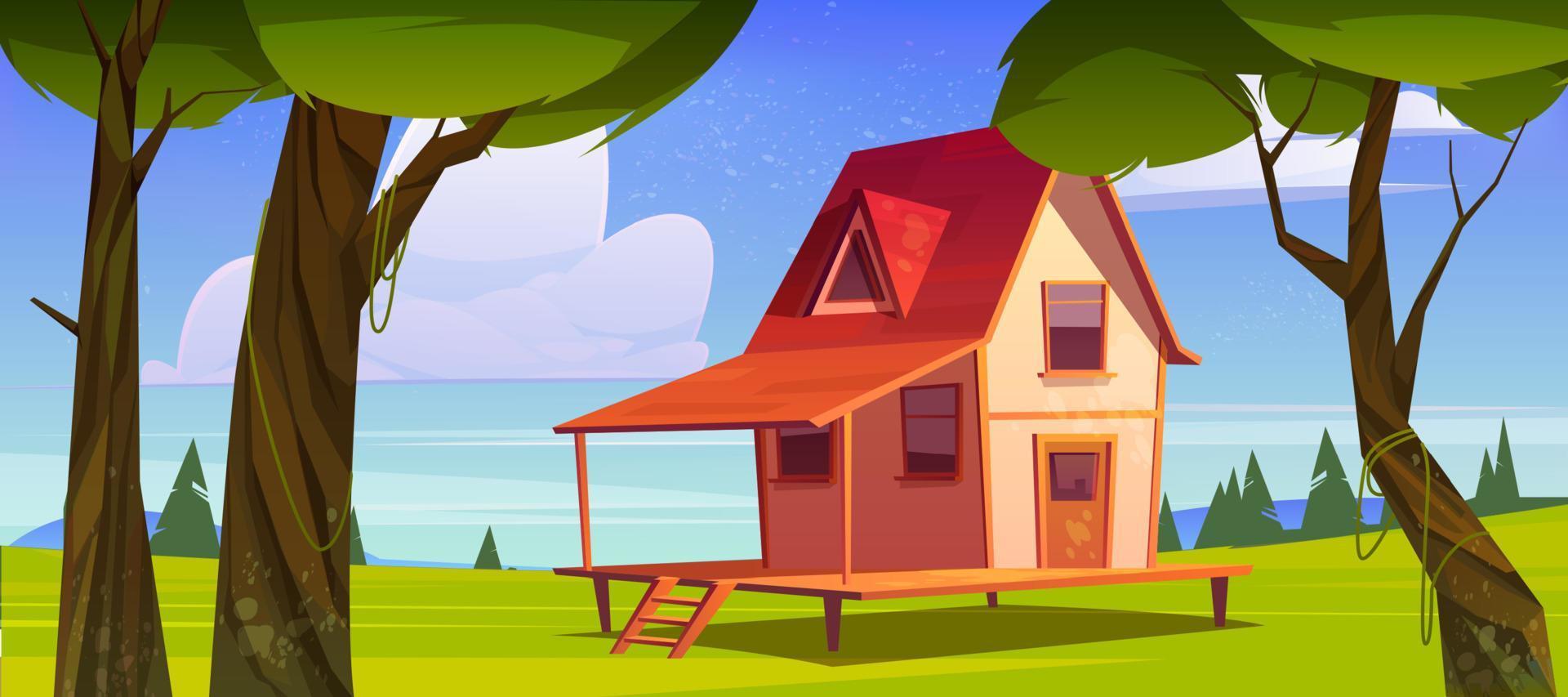 Village house on hill with green grass and trees vector