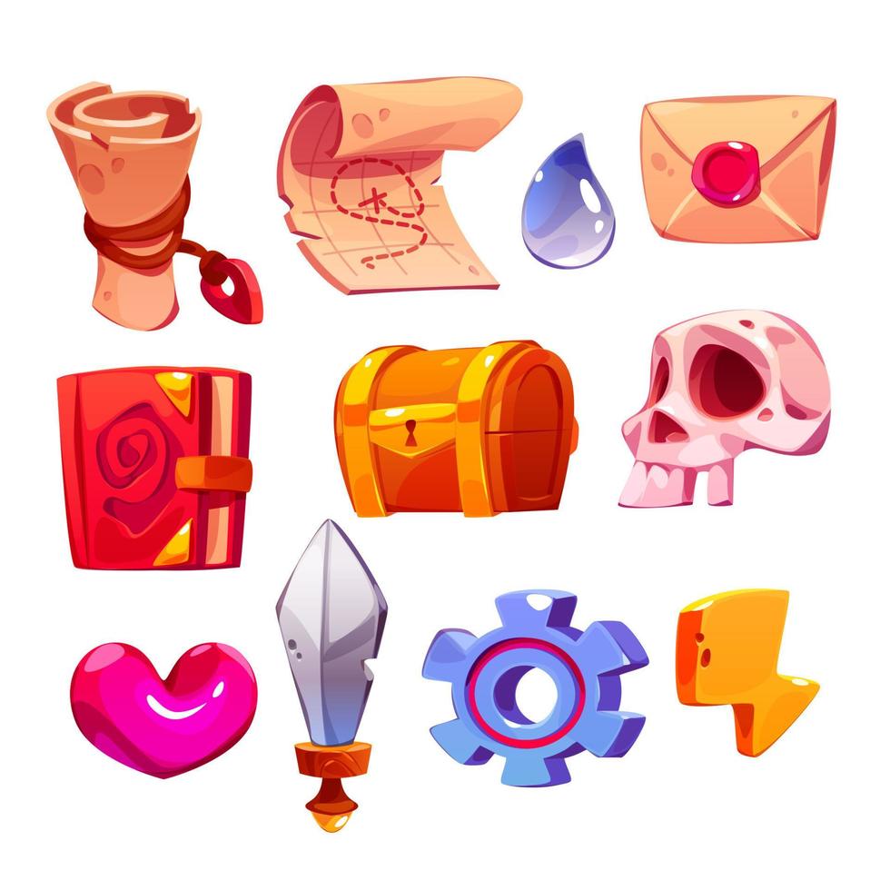 Game icons cartoon parchment scroll, treasure vector