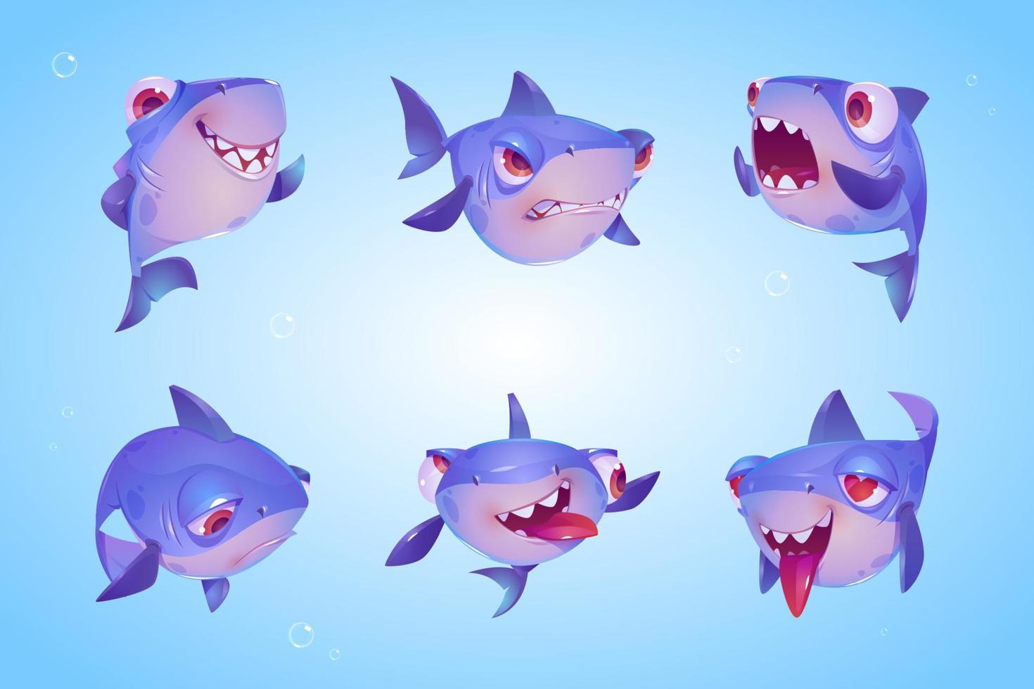 lindo personaje de dibujos animados de tiburones, mascota divertida de peces vector