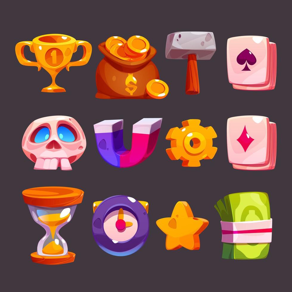 Cartoon game icons, casino or rpg user interface vector