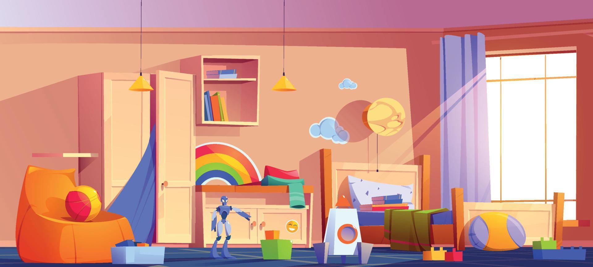Mess in kids room, messy child bedroom interior vector