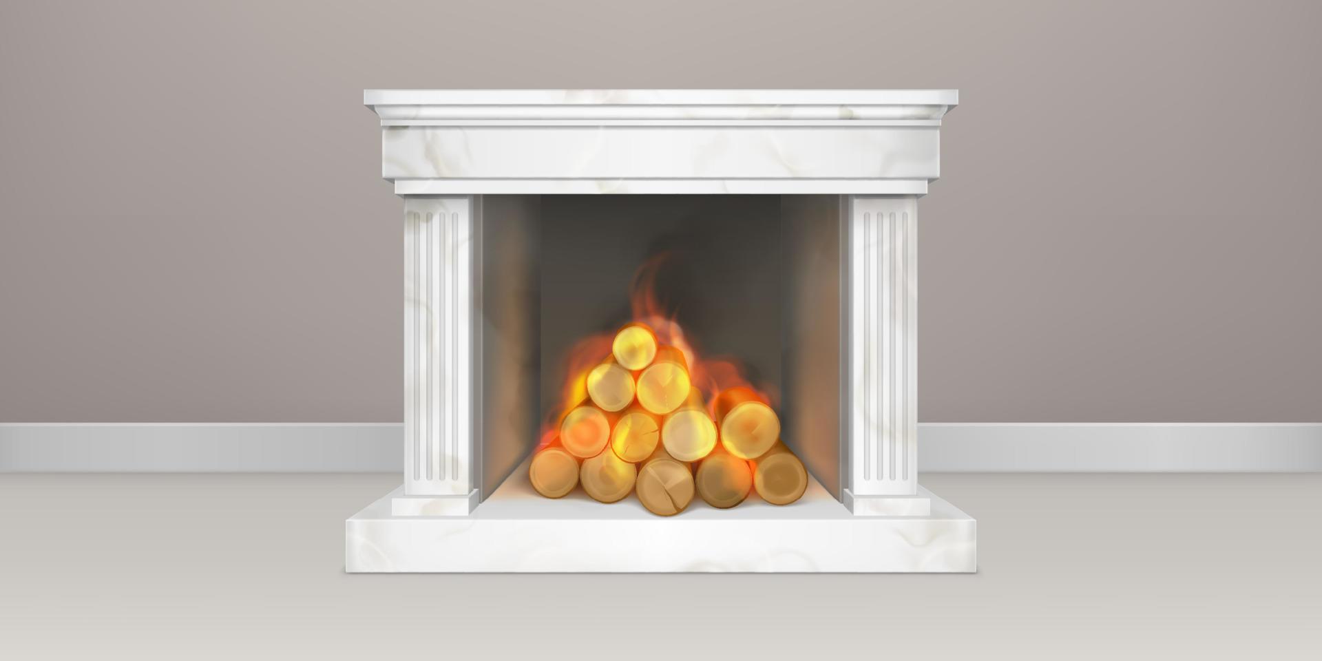 Fireplace with burning woods, white chimney decor vector