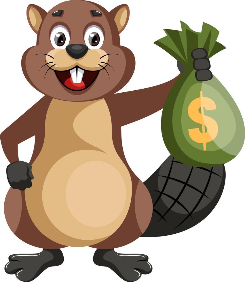 Beaver holding bag of money, illustration, vector on white background.