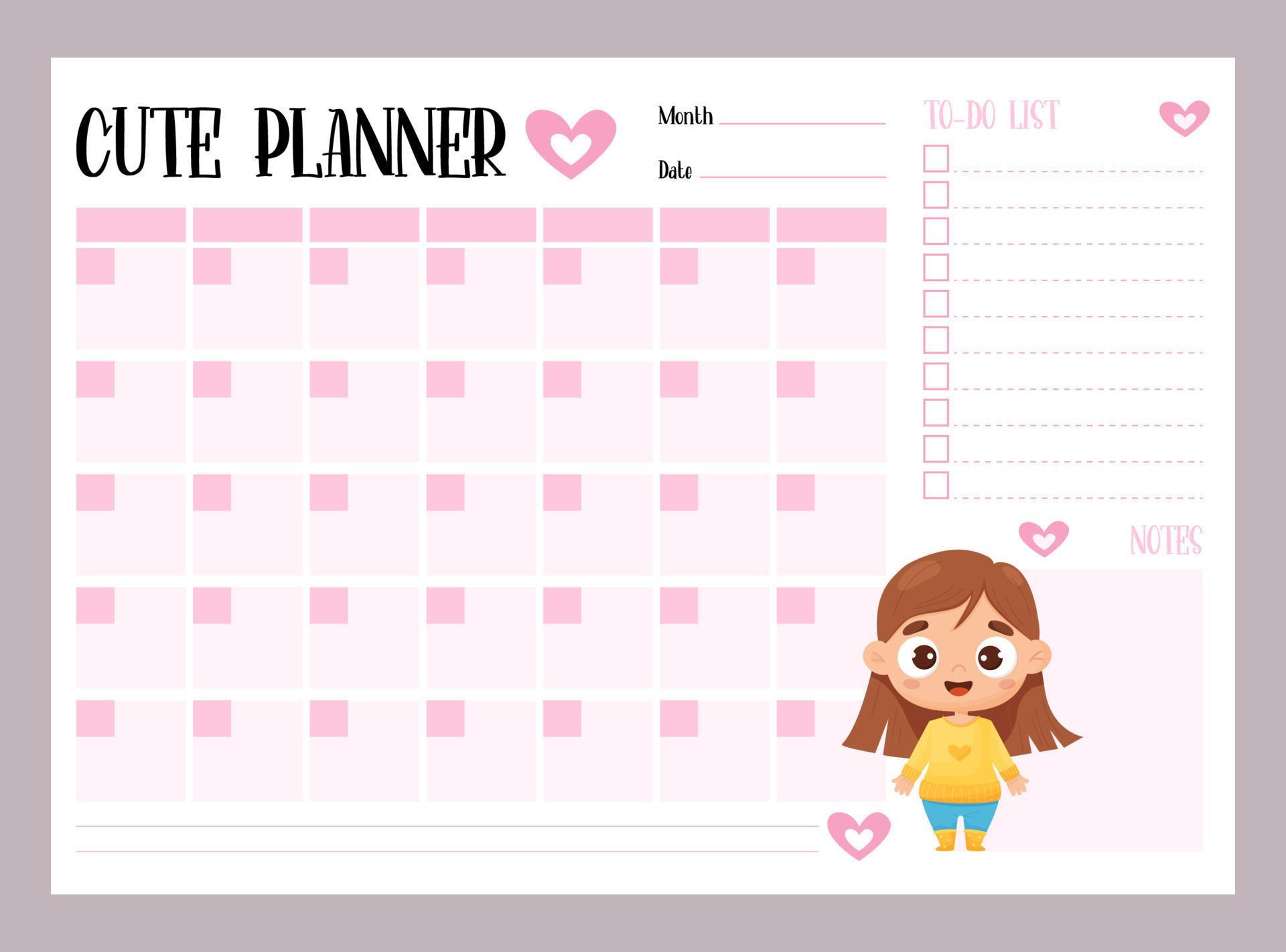 Cute kids monthly planner, to do list and notes with cute cartoon girl Cute kids monthly planner, to do list and notes with cute cartoon girl