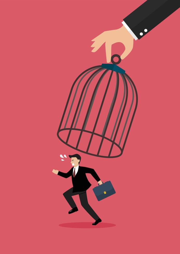 Businessman run away from big birdcage vector