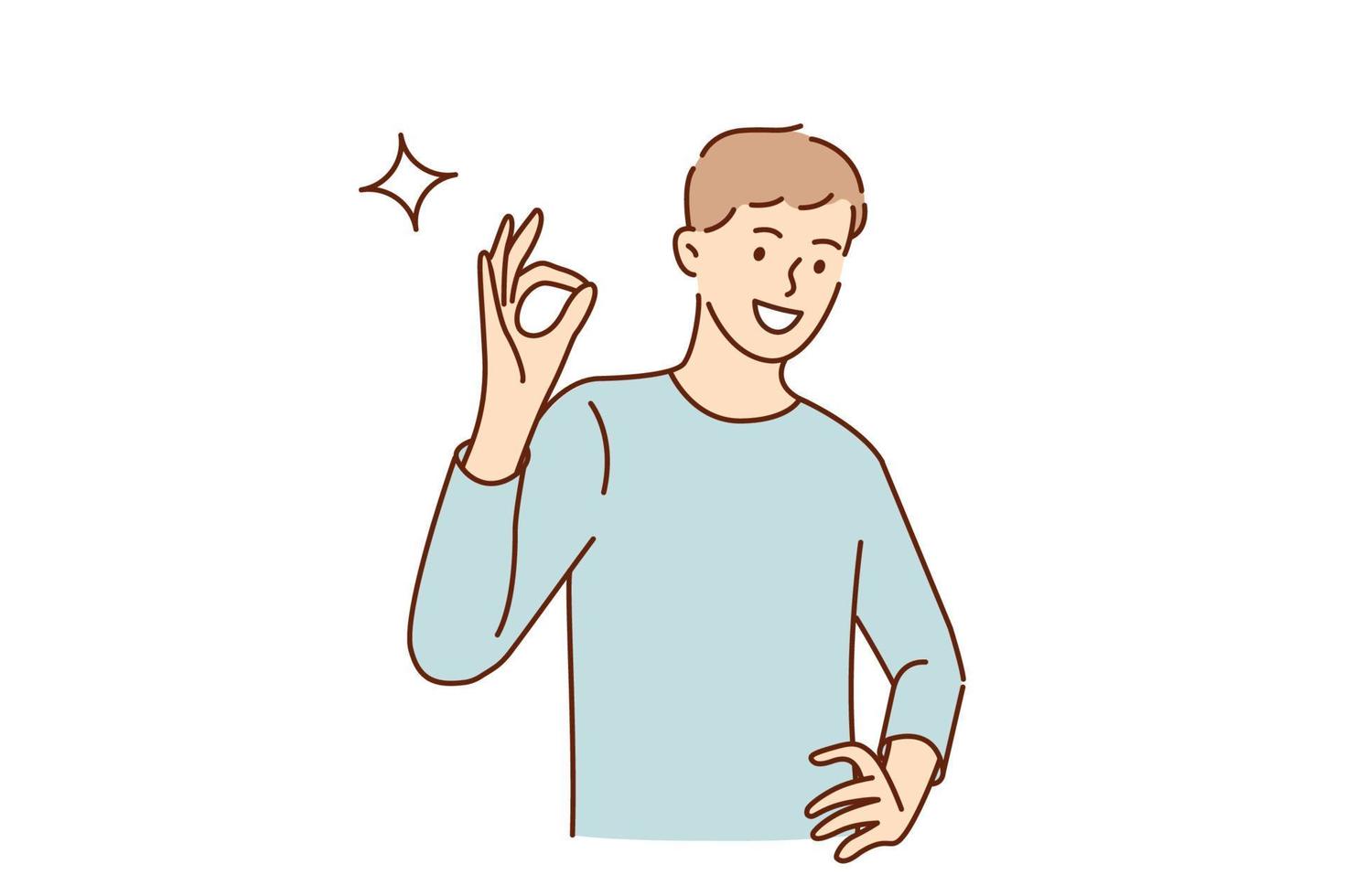 bien el concepto de lenguaje de señas y gestos. joven sonriente personaje  de dibujos animados de
