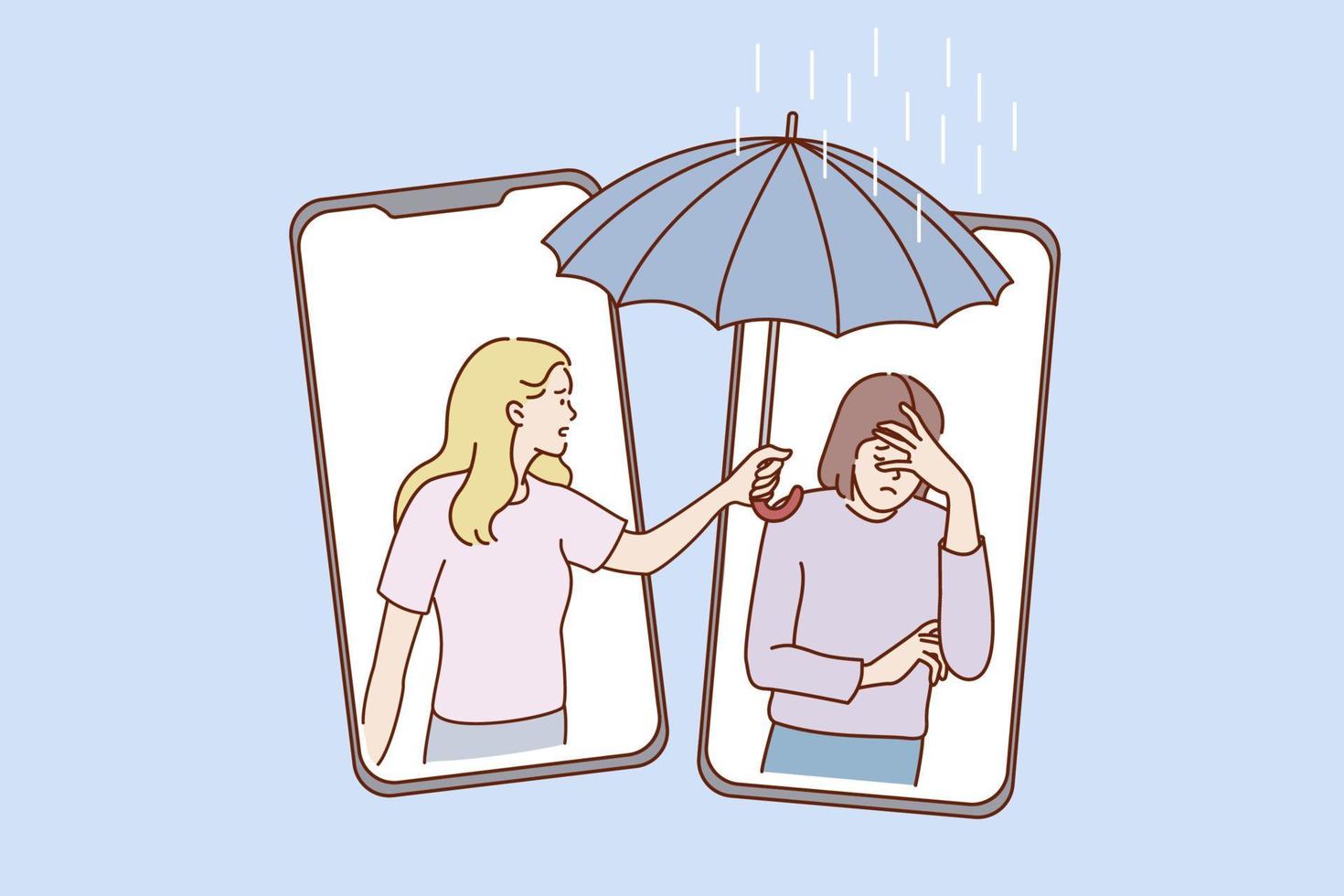 Internet communication and smartphones concept. Young smiling girl helping and giving umbrella to sad girl from smartphone screen online vector illustration