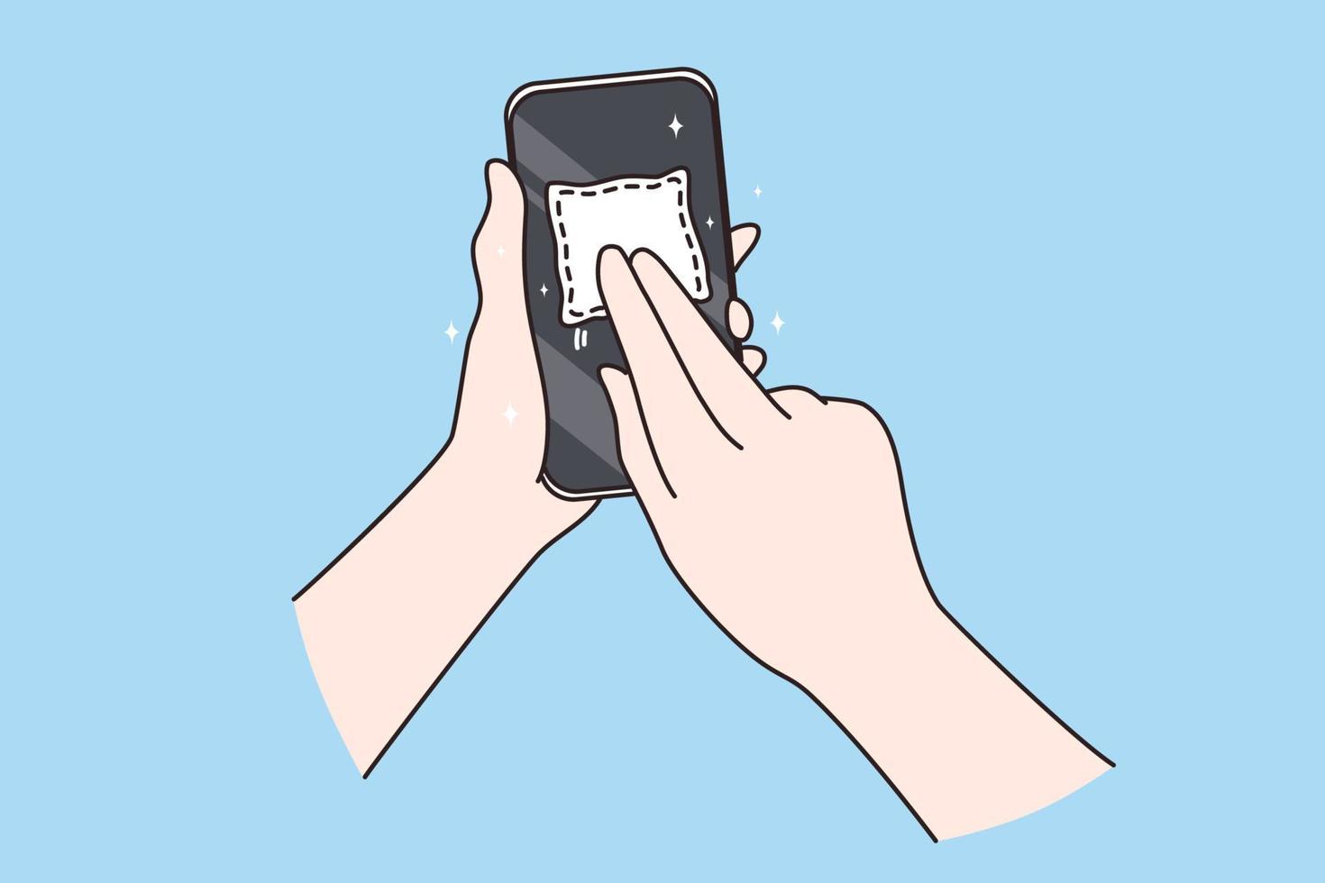 Dirty screen and microbes concept. Human Hand holding and cleaning mobile phone screen with napkin over blue background vector illustration
