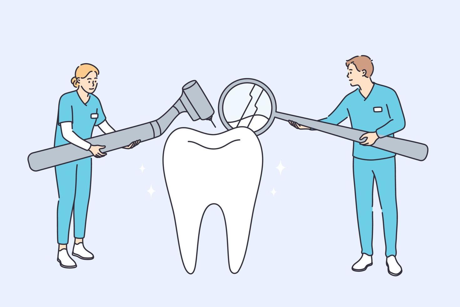 Dental clinic and healthcare concept. Woman and man dentists cartoon characters standing examining state of huge human tooth together vector illustration