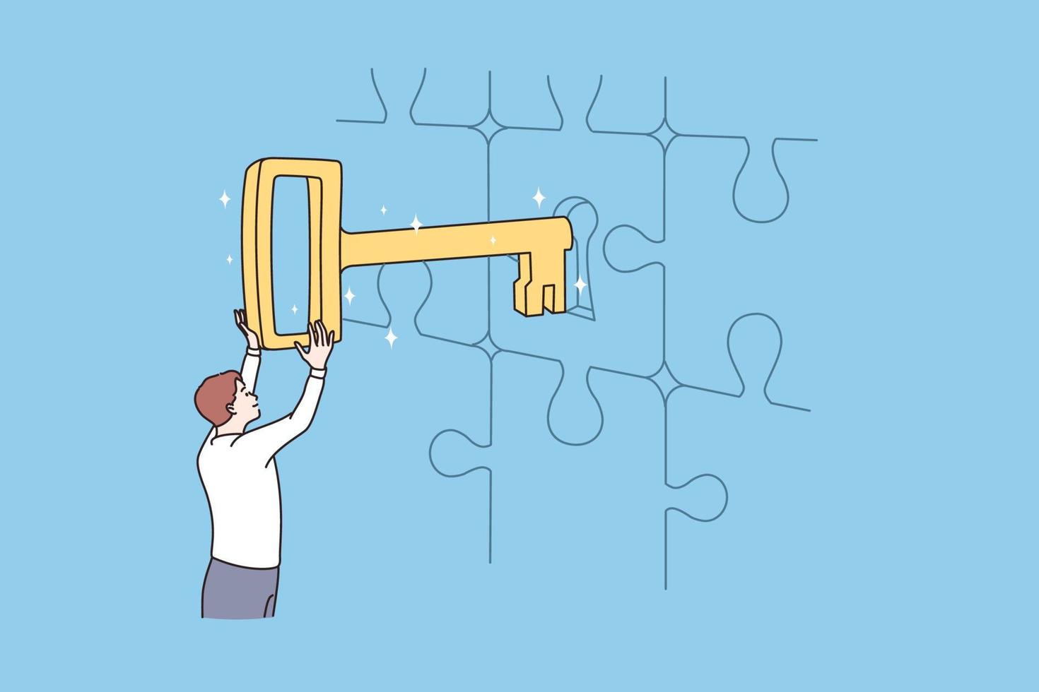 Business key, solution and success concept. Young businessman standing opening puzzle door with golden key achieving goal alone vector illustration